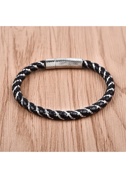 20.5cm Tarzı No.2 Boyutu Moda Muhtasar Çelik Deri Örgülü Bilezik Erkek Trendy Erkek El Takı Paslanmaz Çelik Toka (Yurt Dışından) indirimleri