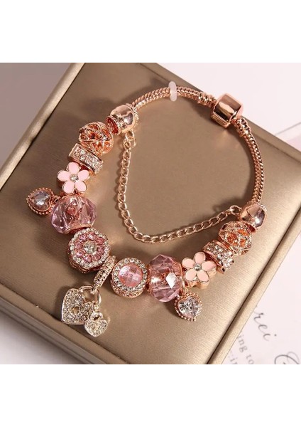 18CM Tarzı No.19 Boyutu Harika Boncuk Sevgililer Günü Hediyesi Kadın Mücevheratı Bakır Gümüş Kaplama Dıy Kristal Kadınlar Için Uygun Bilezik Pembe Aşk (Yurt Dışından)