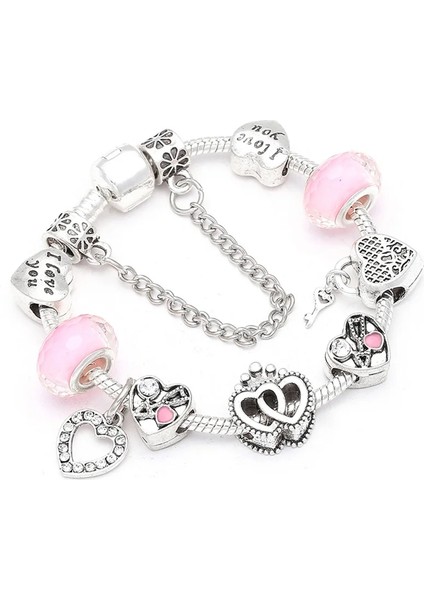 16CM Tarzı Pembe Baopn Avrupa Pembe Kalp Kalp Boncuk Charm Bilezikler Kadınlar Için Fit Bilezik ve Bileklik Çift Takı (Yurt Dışından)