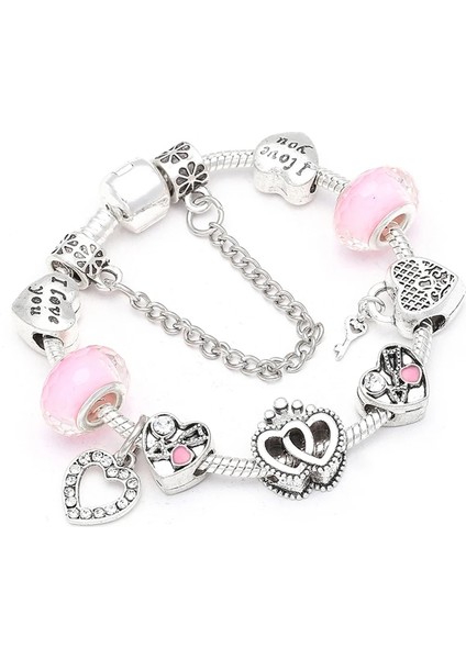16CM Tarzı Pembe Baopn Avrupa Pembe Kalp Kalp Boncuk Charm Bilezikler Kadınlar Için Fit Bilezik ve Bileklik Çift Takı (Yurt Dışından)