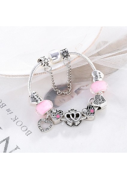 16CM Tarzı Pembe Baopn Avrupa Pembe Kalp Kalp Boncuk Charm Bilezikler Kadınlar Için Fit Bilezik ve Bileklik Çift Takı (Yurt Dışından)