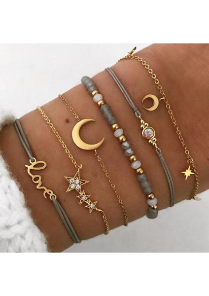 SL0016 Moda Yeni Bohemian Siyah Halat Zincir Bilezik Seti Kadınlar Için Uçak Kabuk Ay Kalp Kristal Charm Bileklik Boho Takı Seti (Yurt Dışından)