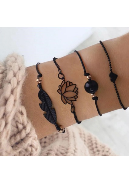 SL0016 Moda Yeni Bohemian Siyah Halat Zincir Bilezik Seti Kadınlar Için Uçak Kabuk Ay Kalp Kristal Charm Bileklik Boho Takı Seti (Yurt Dışından) fiyatları