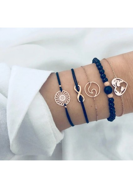 SL0016 Moda Yeni Bohemian Siyah Halat Zincir Bilezik Seti Kadınlar Için Uçak Kabuk Ay Kalp Kristal Charm Bileklik Boho Takı Seti (Yurt Dışından) modelleri