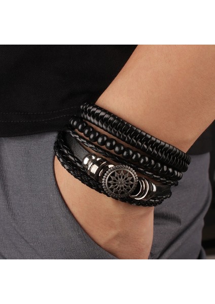 No.10 Boyutu Vintage Stil 4 Takım Örgülü Wrap Deri Bilezik Erkekler Için Hayat Ağacı Dümen Charm Ahşap Boncuklar Etnik Tribal Bileklik Halat (Yurt Dışından) fırsatları