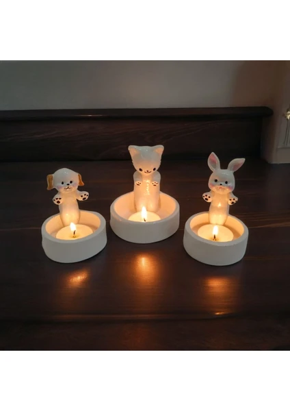 Taşdevri Life Dekoratif Ateş Başında Isınan Kedi Köpek ve Tavşan Tealight Mumluk