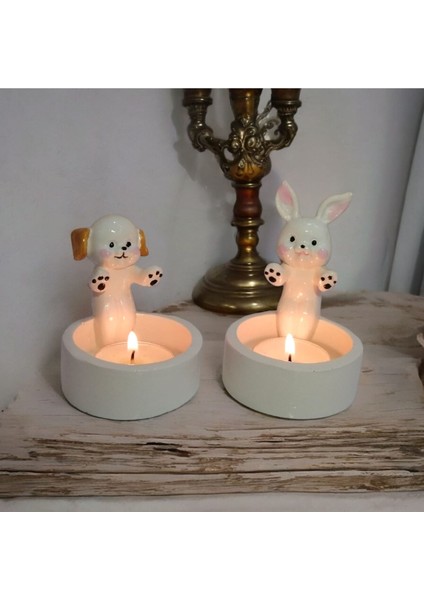 Taşdevri Life Dekoratif Ateş Başında Isınan Köpek ve Tavşan Seti Tealight Mumluk