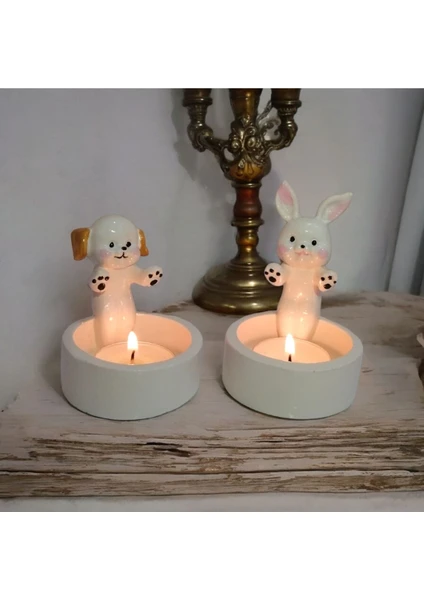 Taşdevri Life Dekoratif Ateş Başında Isınan Köpek ve Tavşan Seti Tealight Mumluk