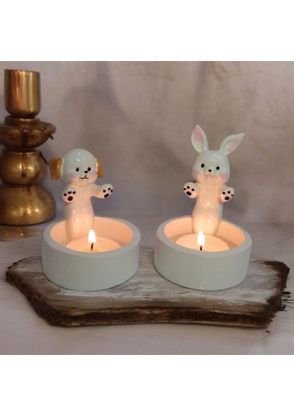 Taşdevri Life Dekoratif Ateş Başında Isınan Köpek ve Tavşan Seti Tealight Mumluk