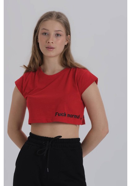 Kırmızı Kadın Yan Baskı Detay Crop T-Shirt