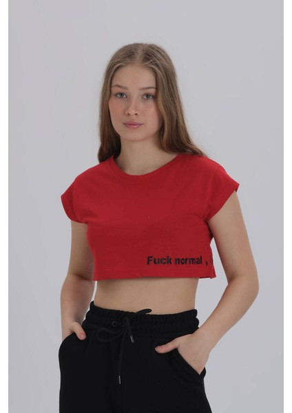 Kırmızı Kadın Yan Baskı Detay Crop T-Shirt