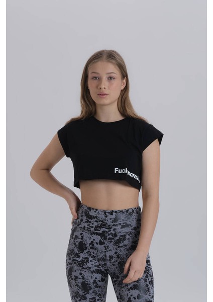 Siyah Kadın Yan Baskı Detay Crop T-Shirt