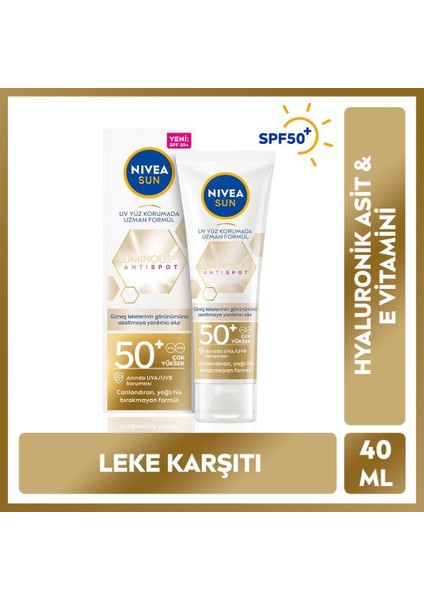 LUMINOUS630 Leke Karşıtı Güneş Koruyucu Yüz Kremi 40ML, SPF50, Hyalüronik Asit, E Vitamini, Uva/uvb