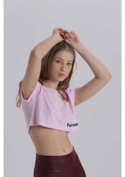 Pembe Kadın Yan Baskı Detay Crop T-Shirt