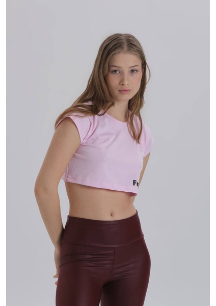 Pembe Kadın Yan Baskı Detay Crop T-Shirt