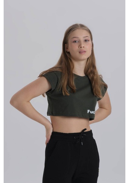 Haki Kadın Yan Baskı Detay Crop T-Shirt