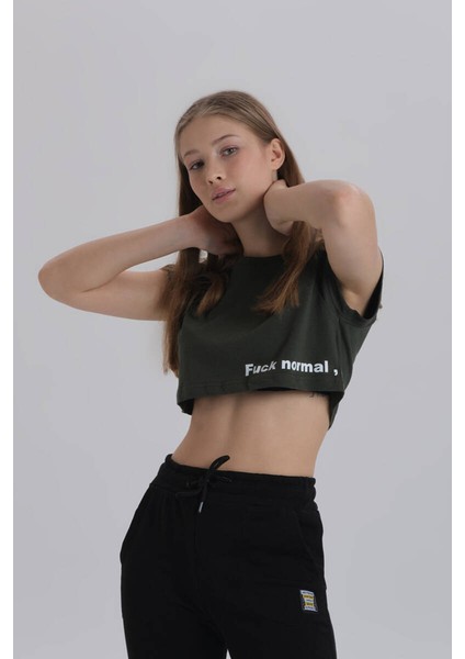 Haki Kadın Yan Baskı Detay Crop T-Shirt