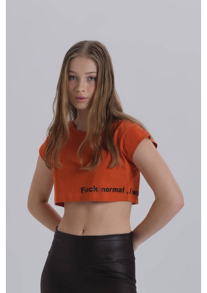 Kiremit Kadın Yan Baskı Detay Crop T-Shirt