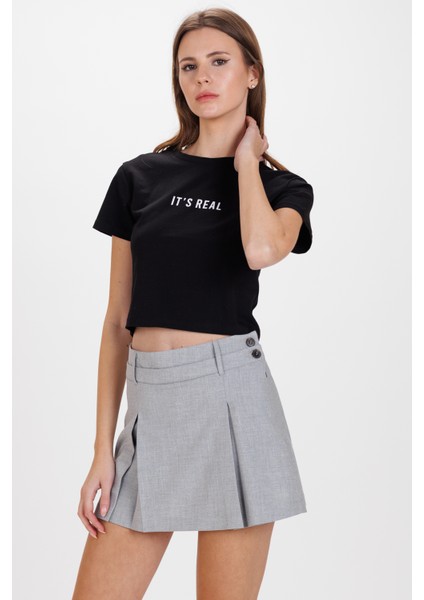 Kadın Siyah It S Real Baskı Pamuk Likralı Crop Body modelleri