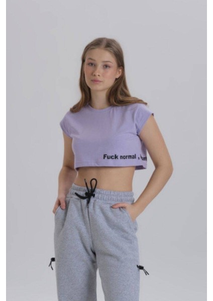 Lila Kadın Yan Baskı Detay Crop T-Shirt