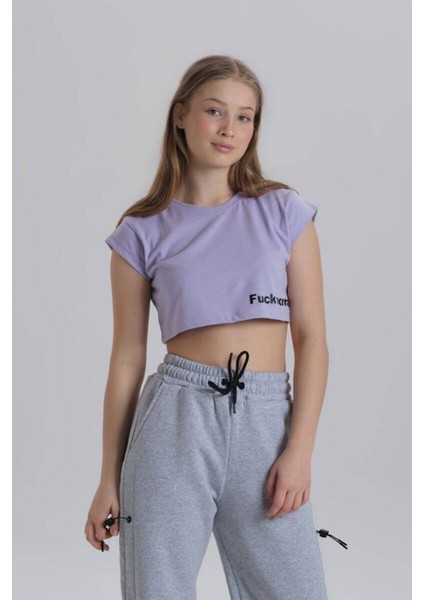 Lila Kadın Yan Baskı Detay Crop T-Shirt fiyatları