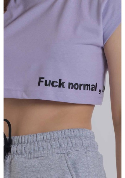 Lila Kadın Yan Baskı Detay Crop T-Shirt modelleri