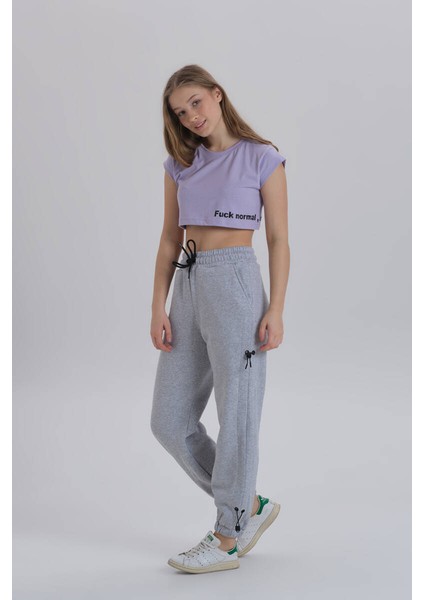 Lila Kadın Yan Baskı Detay Crop T-Shirt indirimleri