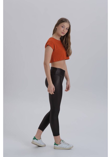 Kiremit Kadın Yan Baskı Detay Crop T-Shirt indirimleri