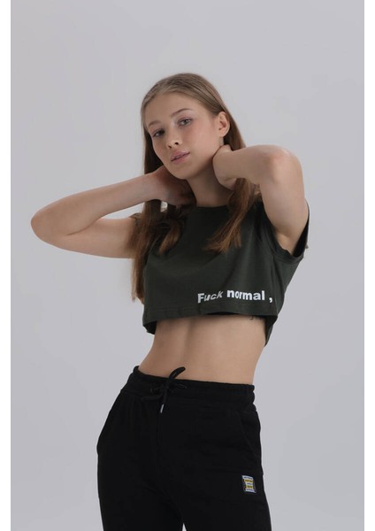 Haki Kadın Yan Baskı Detay Crop T-Shirt fiyatları