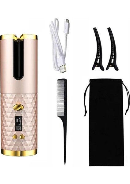 Altın Tarzı LCD Ekran Sıcaklık Kontrolü Mini Şarj Edilebilir Kablosuz Akıllı Otomatik Saç Bigudi Seyahat Ev (Yurt Dışından)