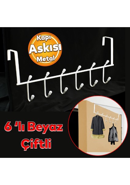 Ahşap Kapı Arkası Çift Askılık Elbise Havlu Asma Askı Metal 6'lı Banyo Lavabo Sağlam Aparat Beyaz