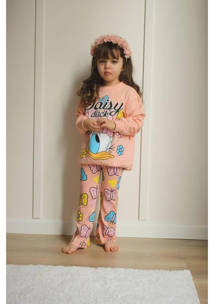 Kız Çocuk 2 Iplik Minnie ve Duffy Duck Desenli Ispanyol Paça Takım