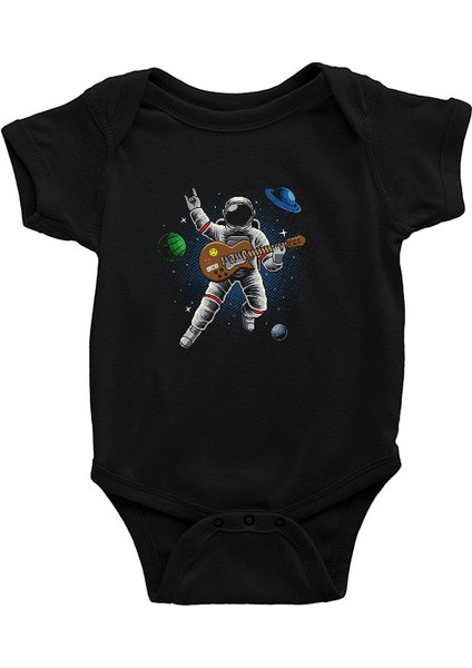 Gitar Çalan Astronot Siyah Unisex Bebek Body - Zıbın
