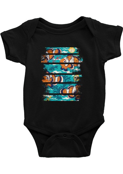 Palyaço Nemo Balığı Siyah Unisex Bebek Body - Zıbın