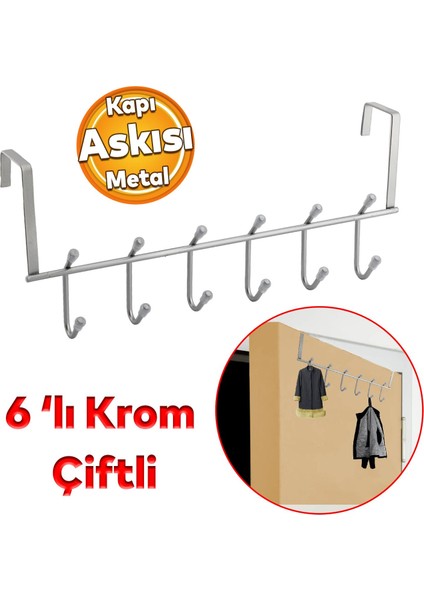 Ahşap Kapı Arkası Çiftli Askılık Elbise Havlu Asma Askı Metal 6'lı Banyo Lavabo Sağlam Aparat Krom