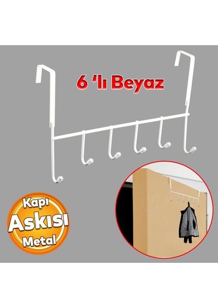 Ahşap Kapı Arkası Askılık Elbise Havlu Asma Askı Metal 6'lı Tekli Banyo Lavabo Sağlam Aparat Beyaz