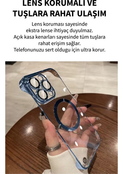 IPhone 13 Ultra Ince Şeffaf Çerçevesiz Lens Korumalı Magsafe Şarj Destekli Umper Sert Kılıf;