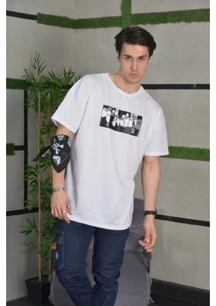 Unisex Bisiklet Yaka Baskılı Oversize T-Shirt - Beyaz