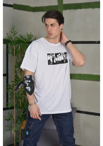 Unisex Bisiklet Yaka Baskılı Oversize T-Shirt - Beyaz fiyatları