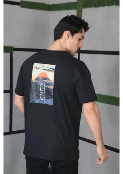 Unisex Bisiklet Yaka Baskılı Oversize T-Shirt - Siyah modelleri