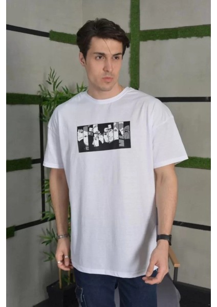 Unisex Bisiklet Yaka Baskılı Oversize T-Shirt - Beyaz modelleri