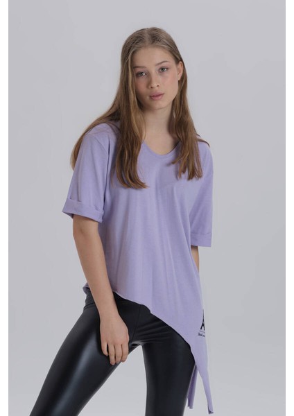 Lila Kadın Eiffel Baskı Detay Asimetrik Kesim T-Shirt fiyatları