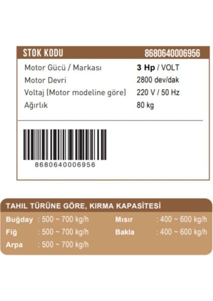 Barbaros Motor Yem Kırma Makinesi Sabit Elektrikli Model 3hp