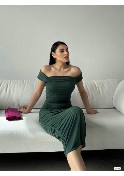 Kısa Kollu Yanları Büzgülü İthal Sandy Likralı Midi Elbise modelleri