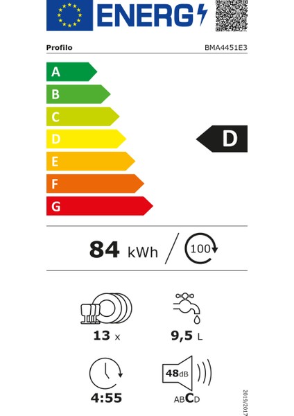 BMA4451E3 D Enerji Sınıfı 5 Programlı Yarı Ankastre 13 Kişilik Bulaşık Makinesi