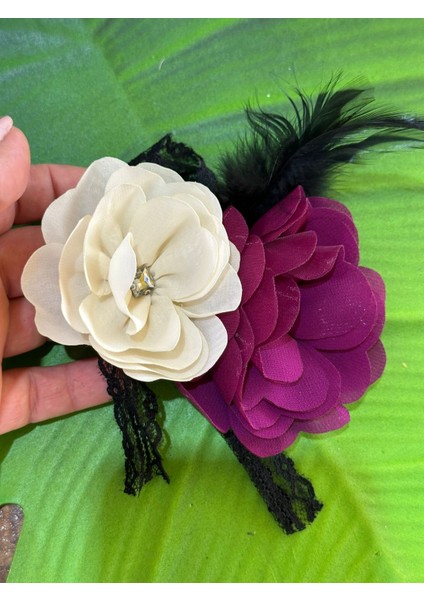 12X8 cm Kabartma Taşlı Çift Renk Çiçekli Broş Türban Saç Aksesuarı