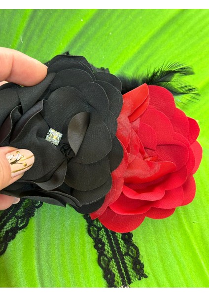 12X8 cm Kabartma Taşlı Çift Renk Çiçekli Broş Türban Saç Aksesuarı