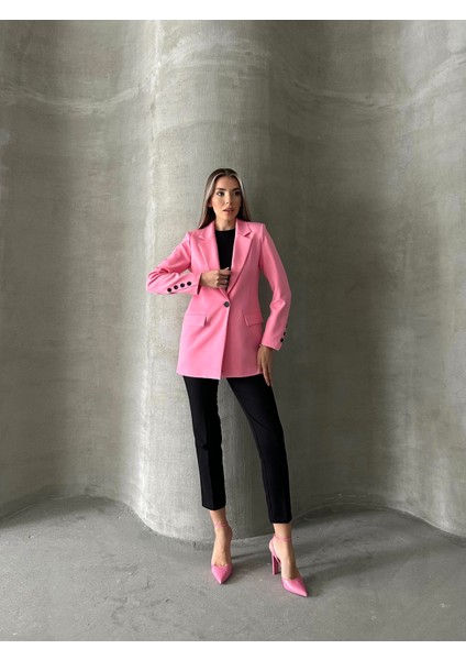 Seda Fidan Butik Tek Düğmeli Kol Detaylı Blazer Ceket Pembe