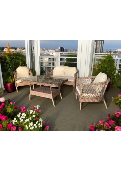 Monalin Home Garden Miami 4 Kişilik(2-1-1-Masa) Rattan Örgü Bahçe & Balkon & Teras Oturma Grubu Minderli & Camlı & Masalı Takım