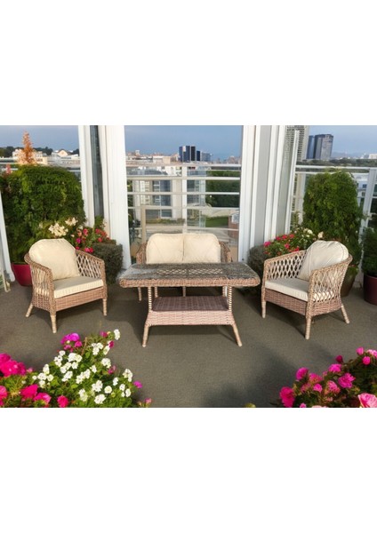 Monalin Home Garden Miami 4 Kişilik(2-1-1-Masa) Rattan Örgü Bahçe & Balkon & Teras Oturma Grubu Minderli & Camlı & Masalı Takım